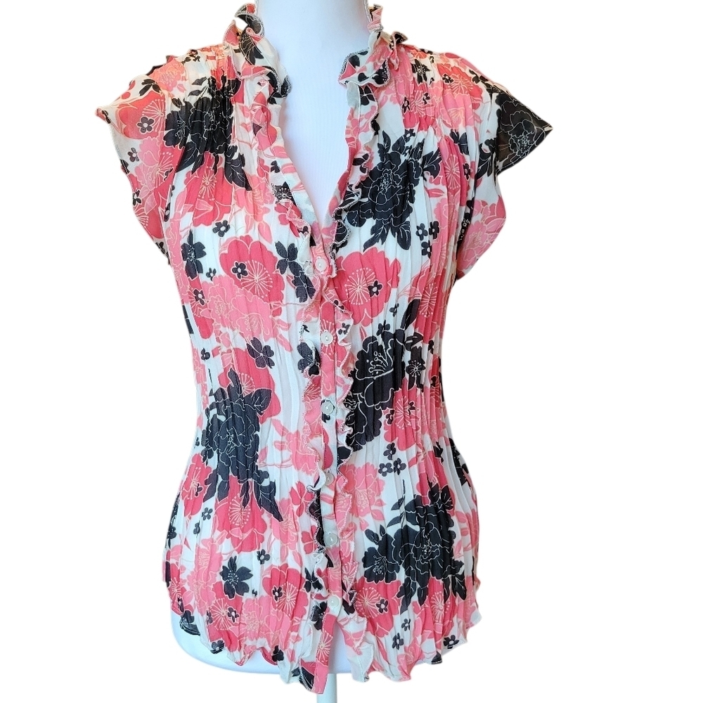 Worthington Black White Pink Floral Button Down Blouse Top